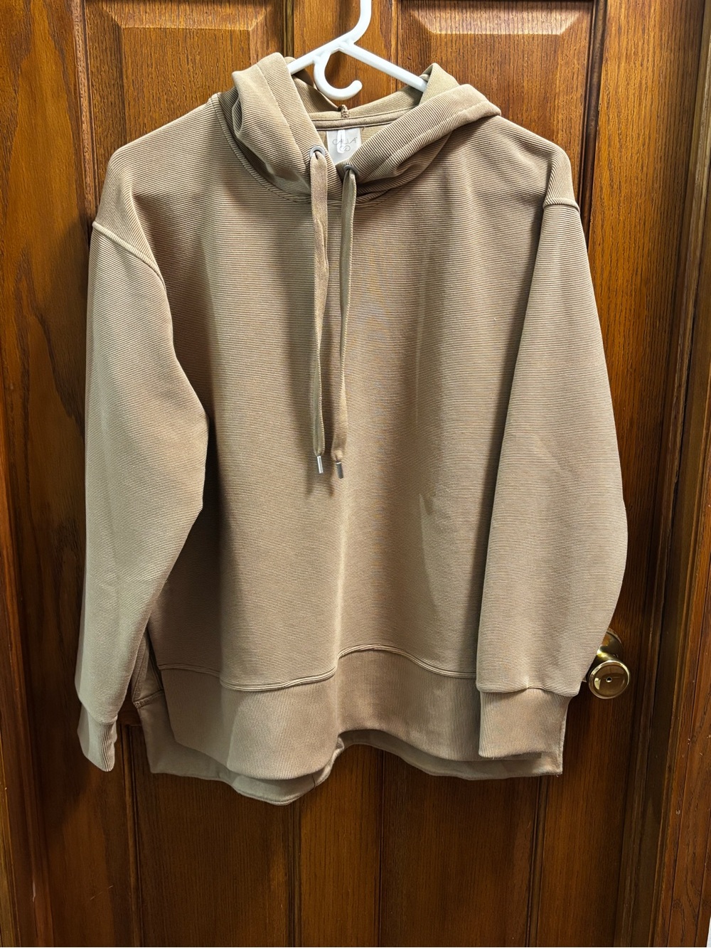 CALIA Ottoman Oversized Ribbed Side-Slit Hoodie Tan / Taupe Sz M.